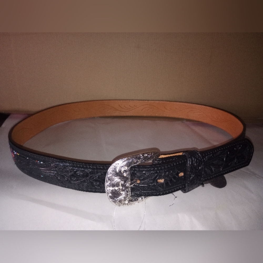 Tony Lama Tooled & Beaded Leather 1.5" SW /Aztec Design Black Belt 42